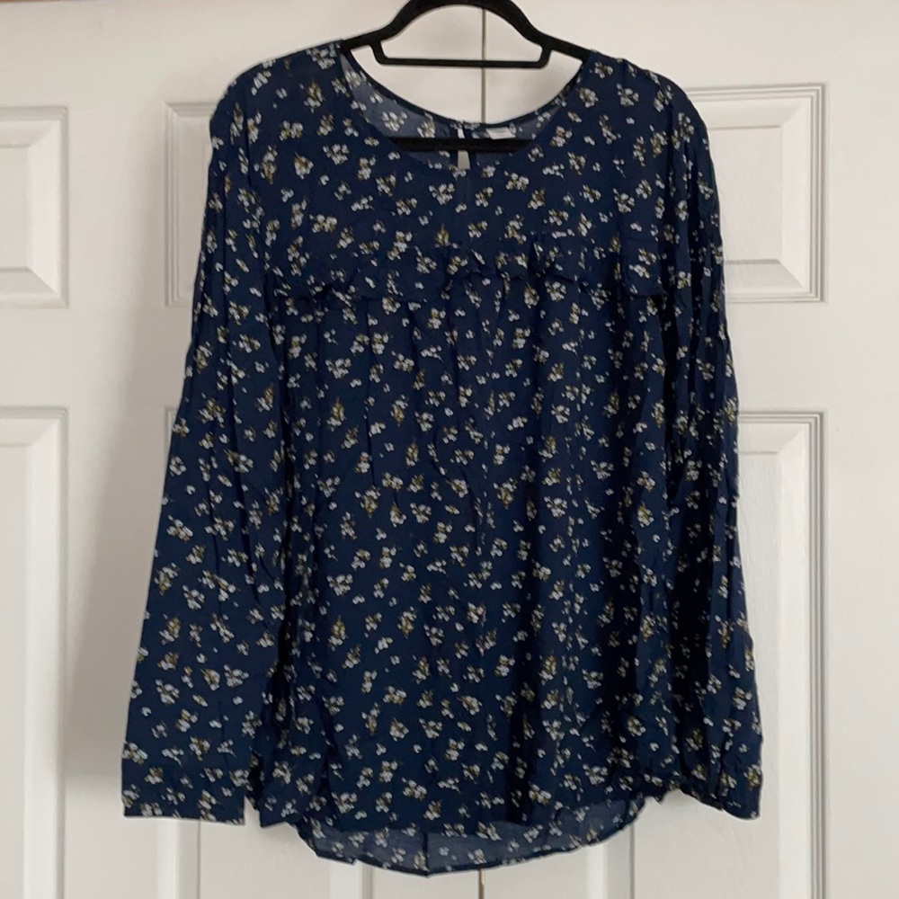Navy blue floral shirt.
